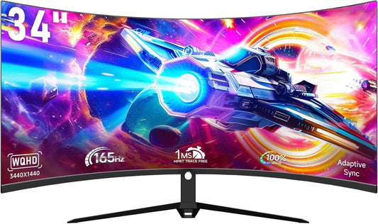 34 Inch Curved Monitor, Ultra Wide QHD 1440p Gaming Monitor 165Hz, 100% sRGB, 1MS, FreeSync, HDMI DP Computer Monitor Built-in S