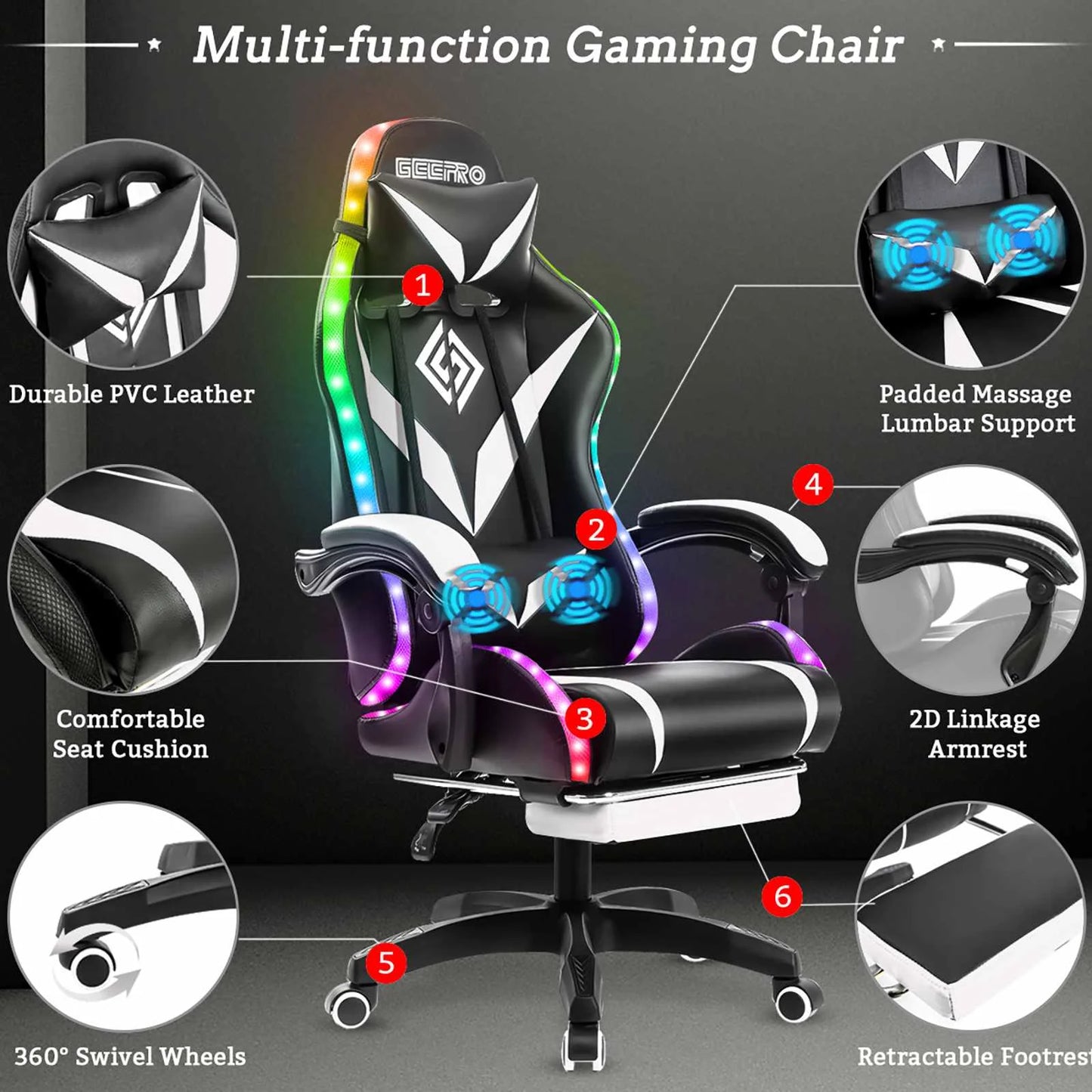 135 Degrees RGB Light Bluetooth Speaker Gaming Chair