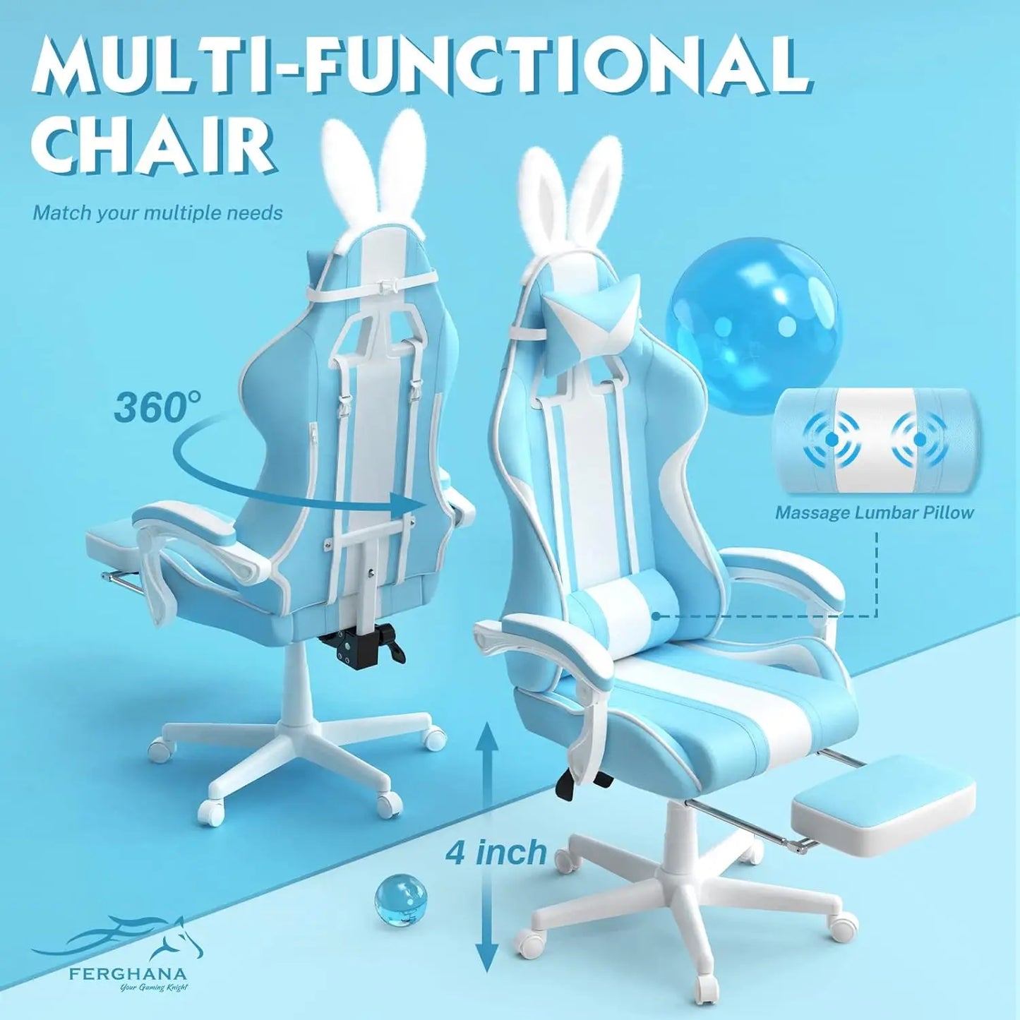 Light Blue  Ergonomic Gaming Chair with Bunny Ears