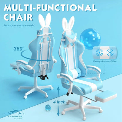 Light Blue  Ergonomic Gaming Chair with Bunny Ears