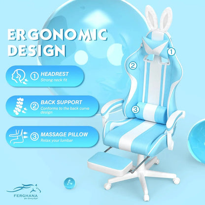 Light Blue  Ergonomic Gaming Chair with Bunny Ears